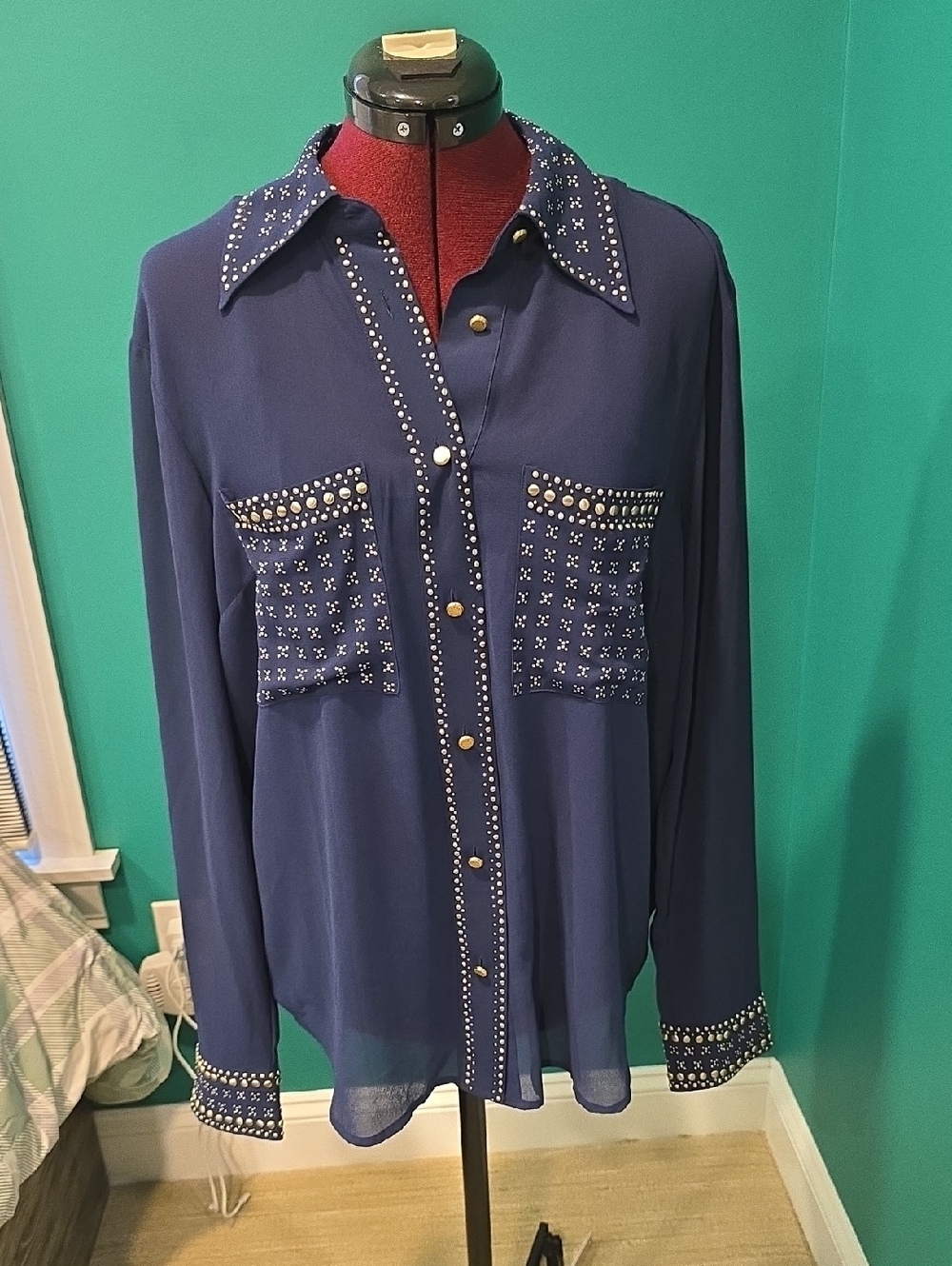 Michael Kors Navy Stud-Trim Button-Down Blouse, Size L